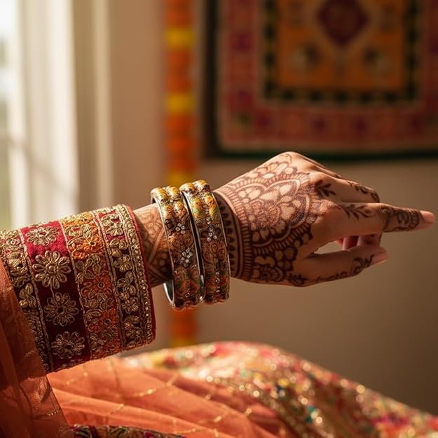 Set of 2 Multicolor Round Glass Motif Bangles for Women