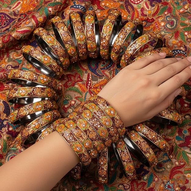 Set of 2 Multicolor Round Glass Motif Bangles for Women