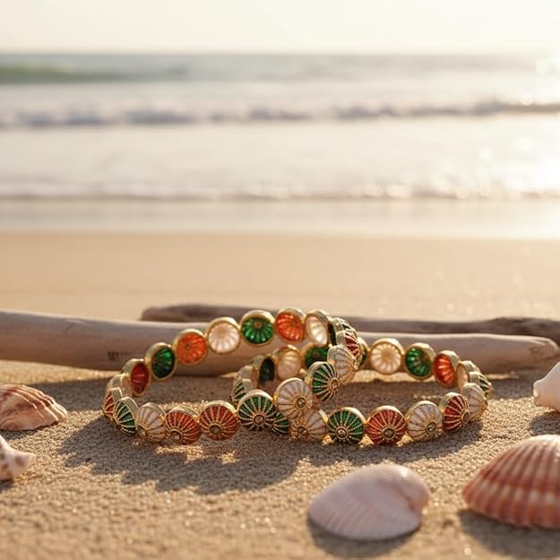 Set of 2 Multicolor Round Glass Metallic Bangles for Women