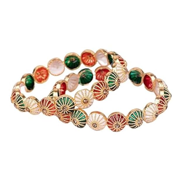 Set of 2 Multicolor Round Glass Metallic Bangles for Women