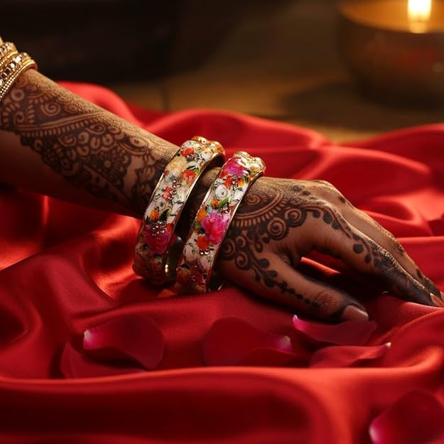 Set of 2 Flower Printed Glass Ethnic Bangles Set for Womens