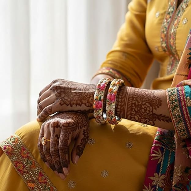 Set of 2 Flower Printed Glass Ethnic Bangles Set for Womens