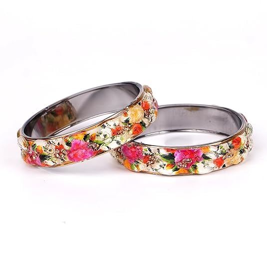 Set of 2 Flower Printed Glass Ethnic Bangles Set for Womens