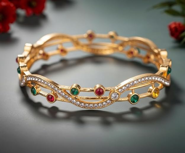 Set of 2 Dual-Row Wavy Pattern Bangles for Women