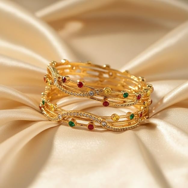 Set of 2 Dual-Row Wavy Pattern Bangles for Women