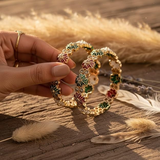 Set of 2 Multicolor Metal Motif Intricate Bangles