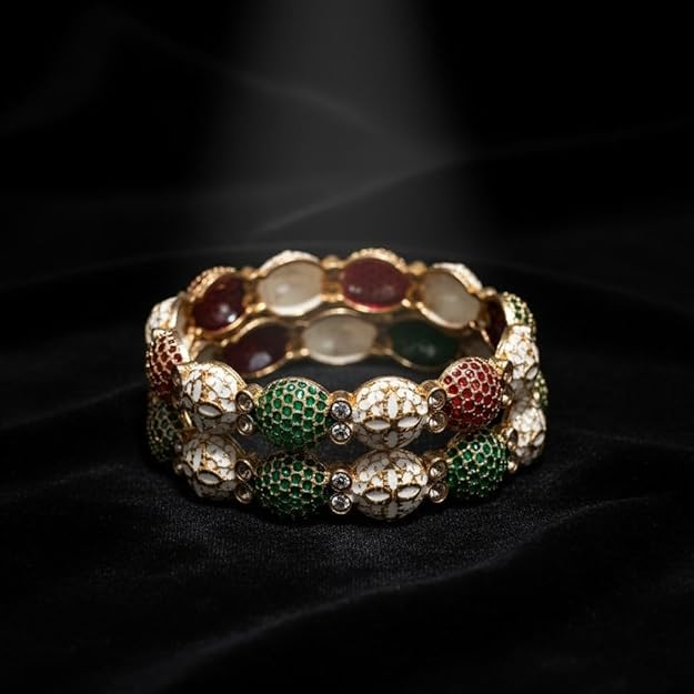 Set of 2 Polished Metallic Multicolor Motif Bangles