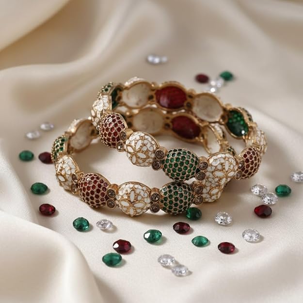 Set of 2 Polished Metallic Multicolor Motif Bangles