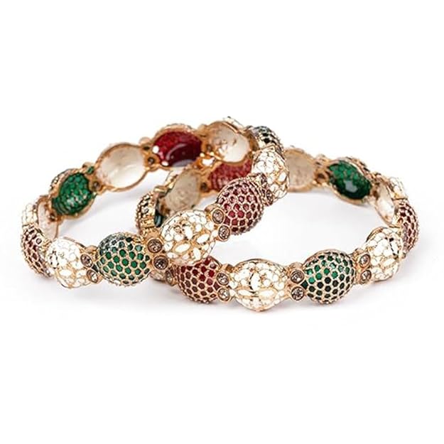 Set of 2 Polished Metallic Multicolor Motif Bangles