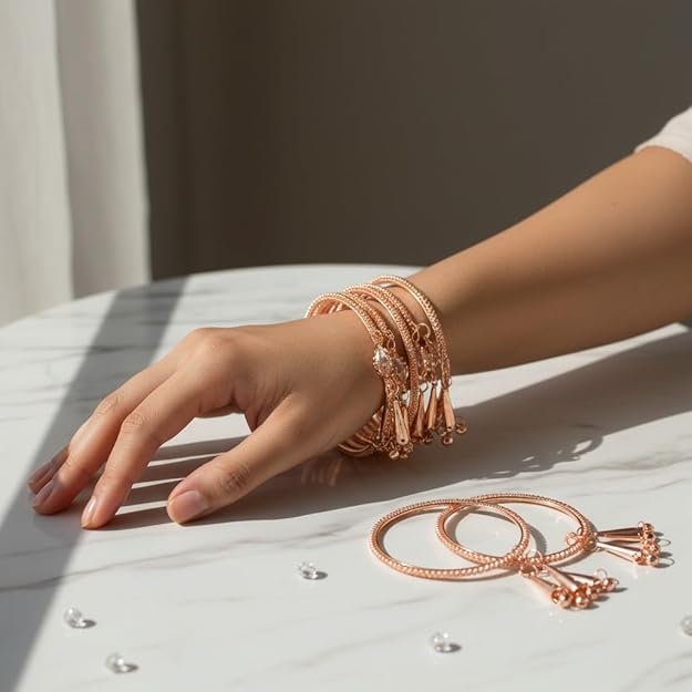 Set of 8 Ethnic Shimmer Rose Gold Bangles for Women