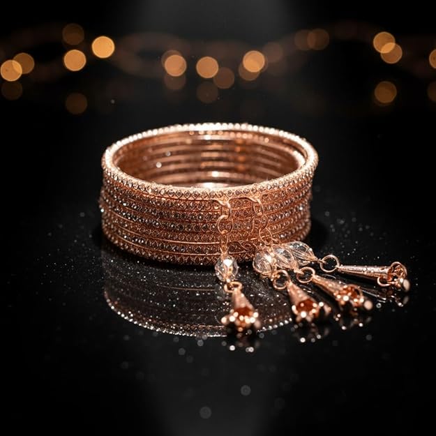 Set of 8 Ethnic Shimmer Rose Gold Bangles for Women