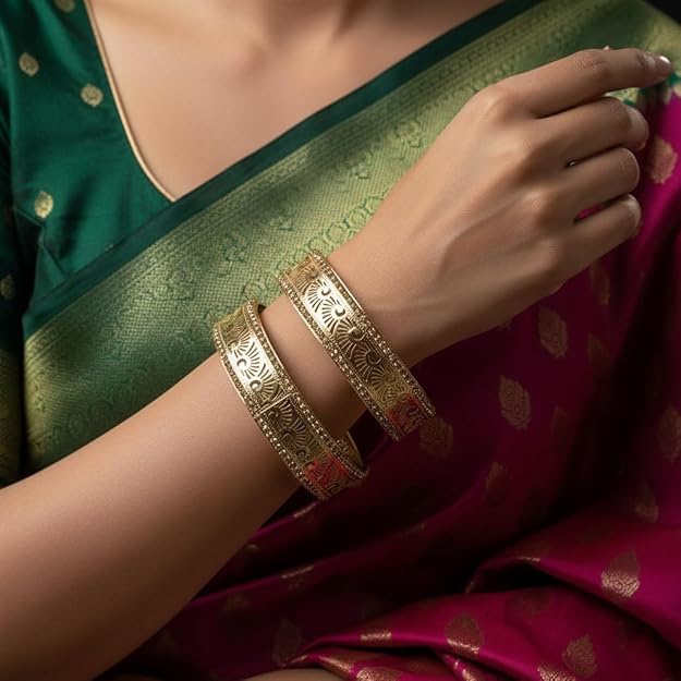 Set of 2 Traditional Gold Metal Ethnic Bangles for Women