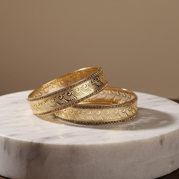 Set of 2 Traditional Gold Metal Ethnic Bangles for Women