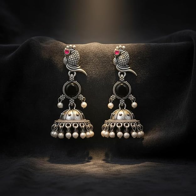 Parrot Design Silver Jhumka Earrings for Women
