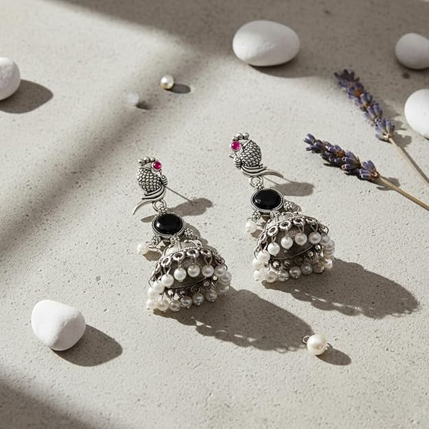 Parrot Design Silver Jhumka Earrings for Women