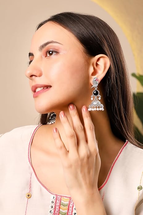 Parrot Design Silver Jhumka Earrings for Women