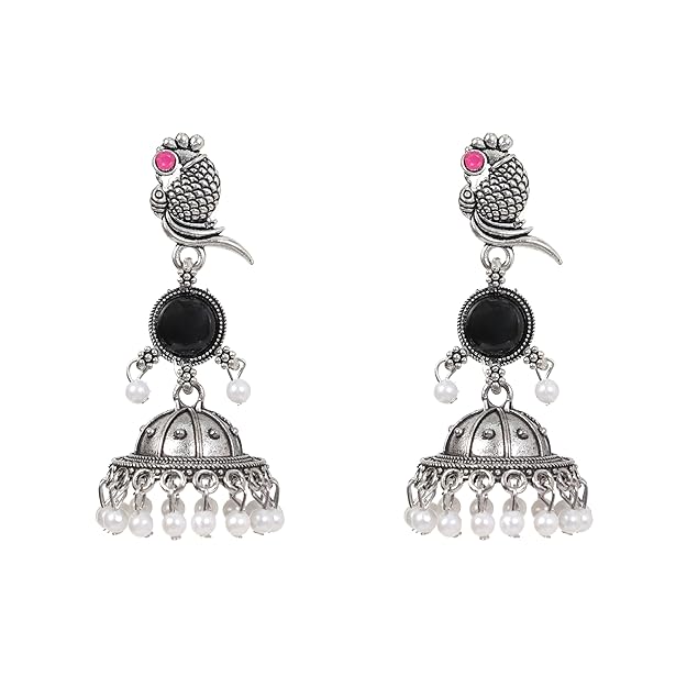 Parrot Design Silver Jhumka Earrings for Women