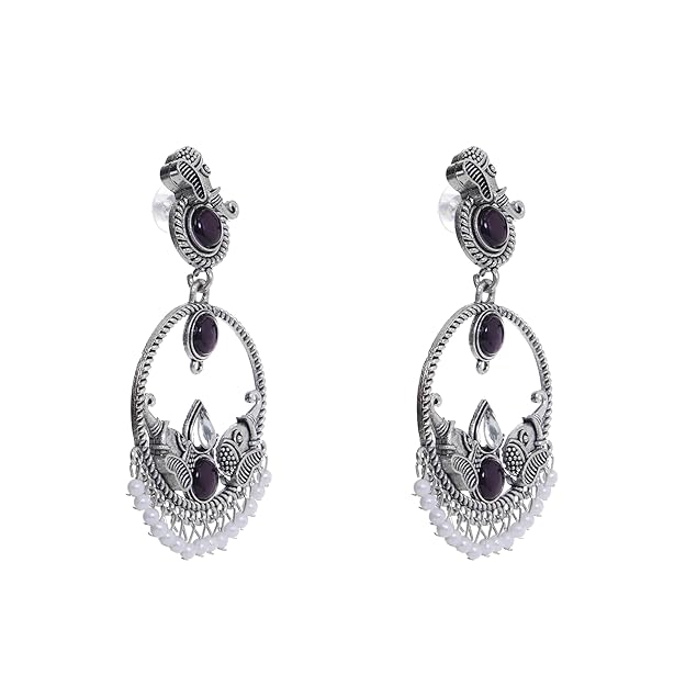 Purple Stone Oxidised Silver Earrings for Women