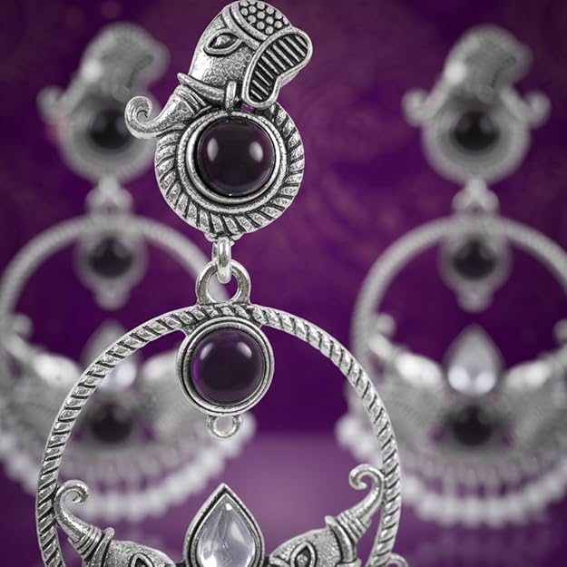 Purple Stone Oxidised Silver Earrings for Women