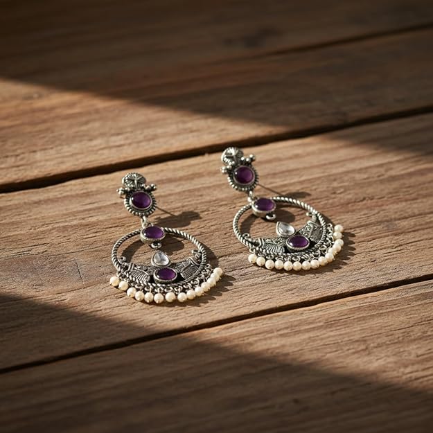Purple Stone Oxidised Silver Earrings for Women
