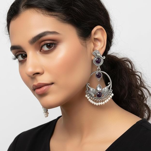 Purple Stone Oxidised Silver Earrings for Women