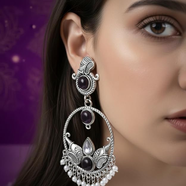 Purple Stone Oxidised Silver Earrings for Women