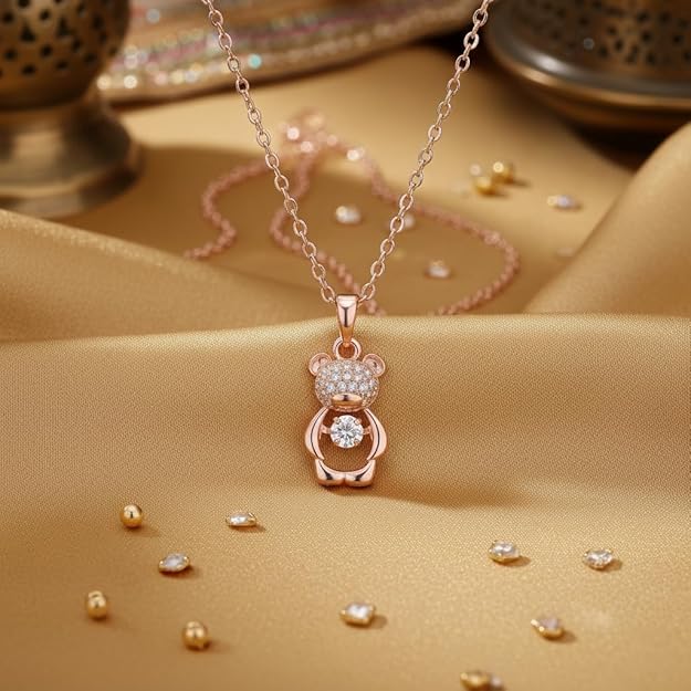 Rose Gold Teddy Bear Pendant Necklace for Women
