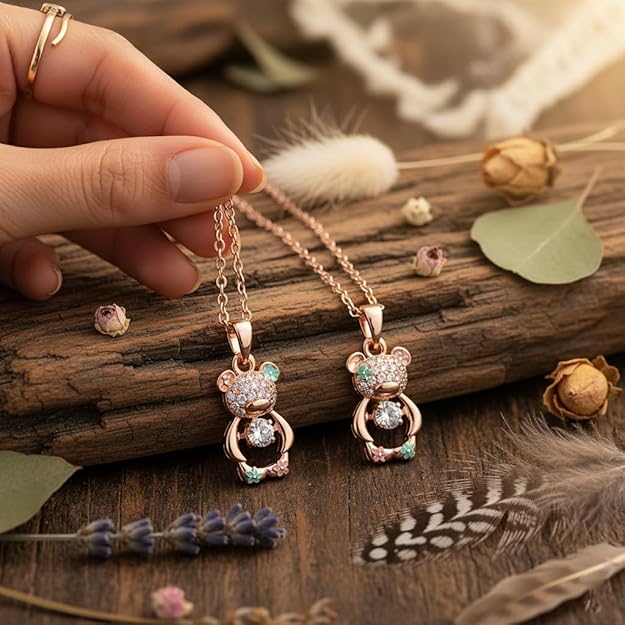 Rose Gold Teddy Bear Pendant Necklace for Women