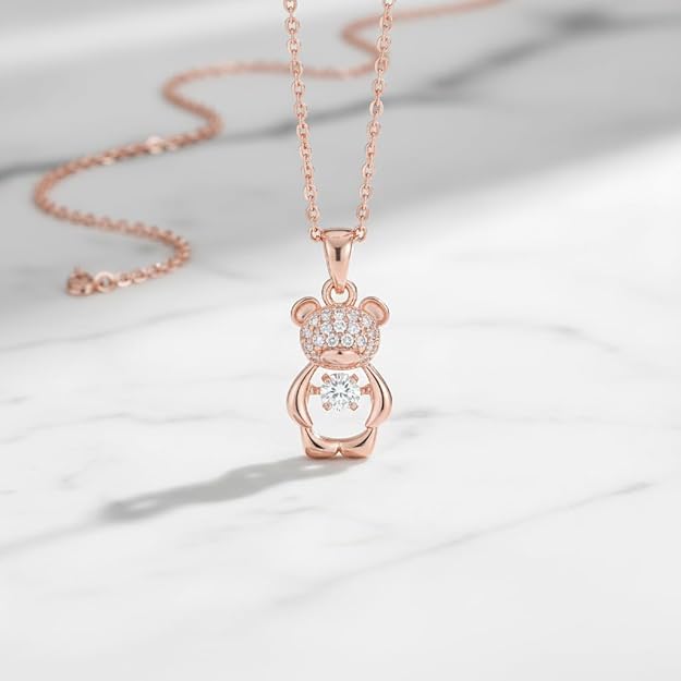 Rose Gold Teddy Bear Pendant Necklace for Women