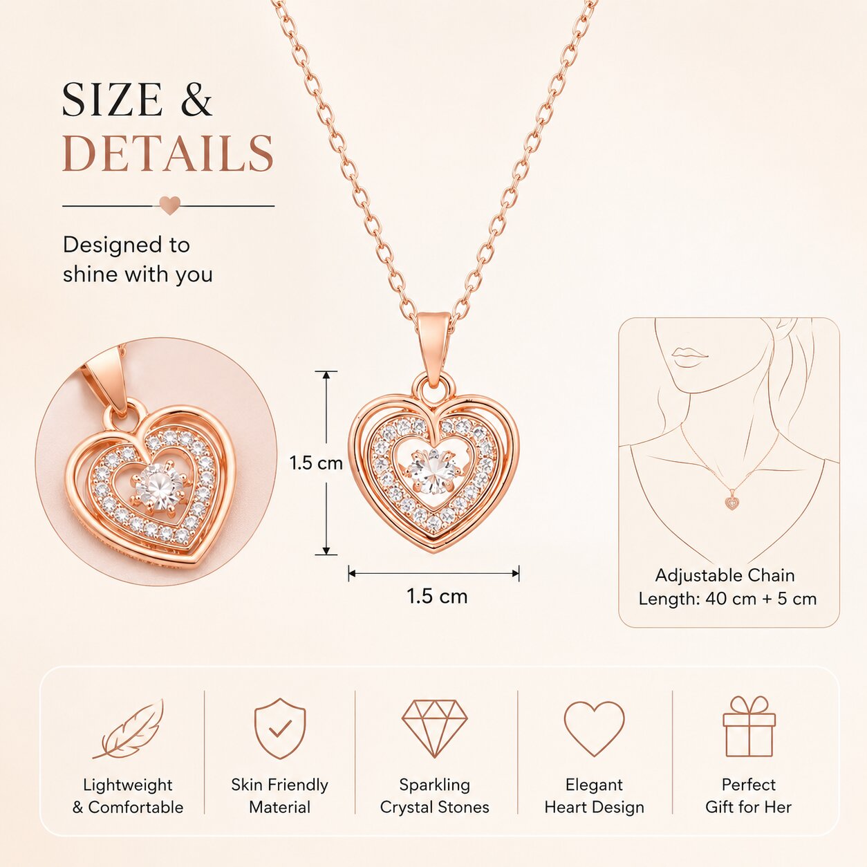 Rose Gold Heart Shaped Pendant Necklace for Women