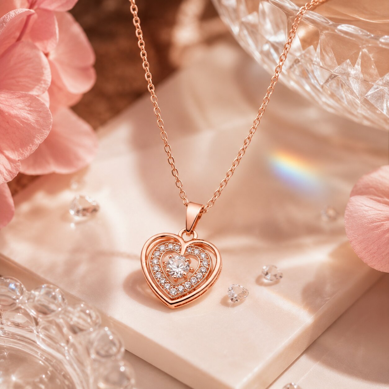 Rose Gold Heart Shaped Pendant Necklace for Women