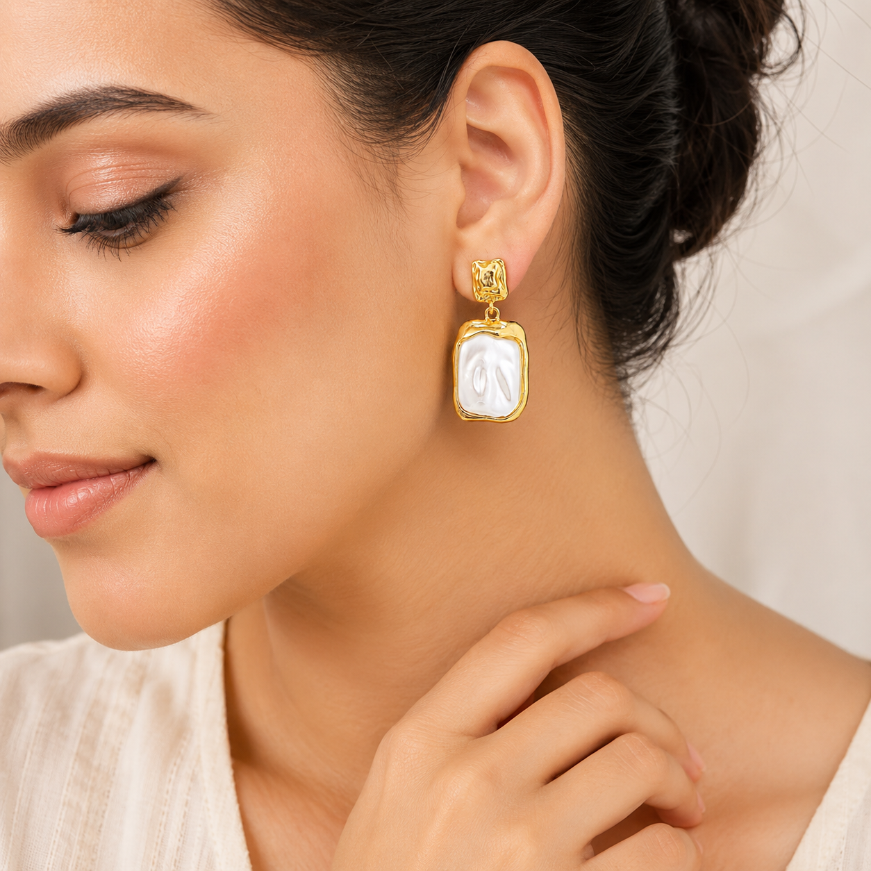 Gold Tone Drop Earrings with Rectangular Design for Women