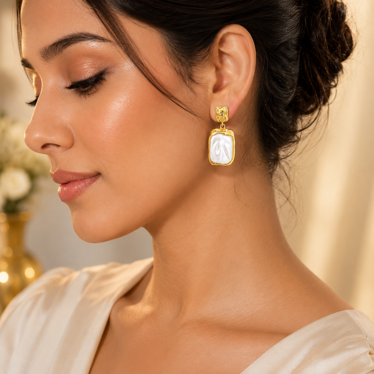 Gold Tone Drop Earrings with Rectangular Design for Women