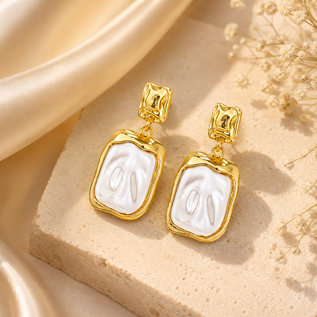 Gold Tone Drop Earrings with Rectangular Design for Women