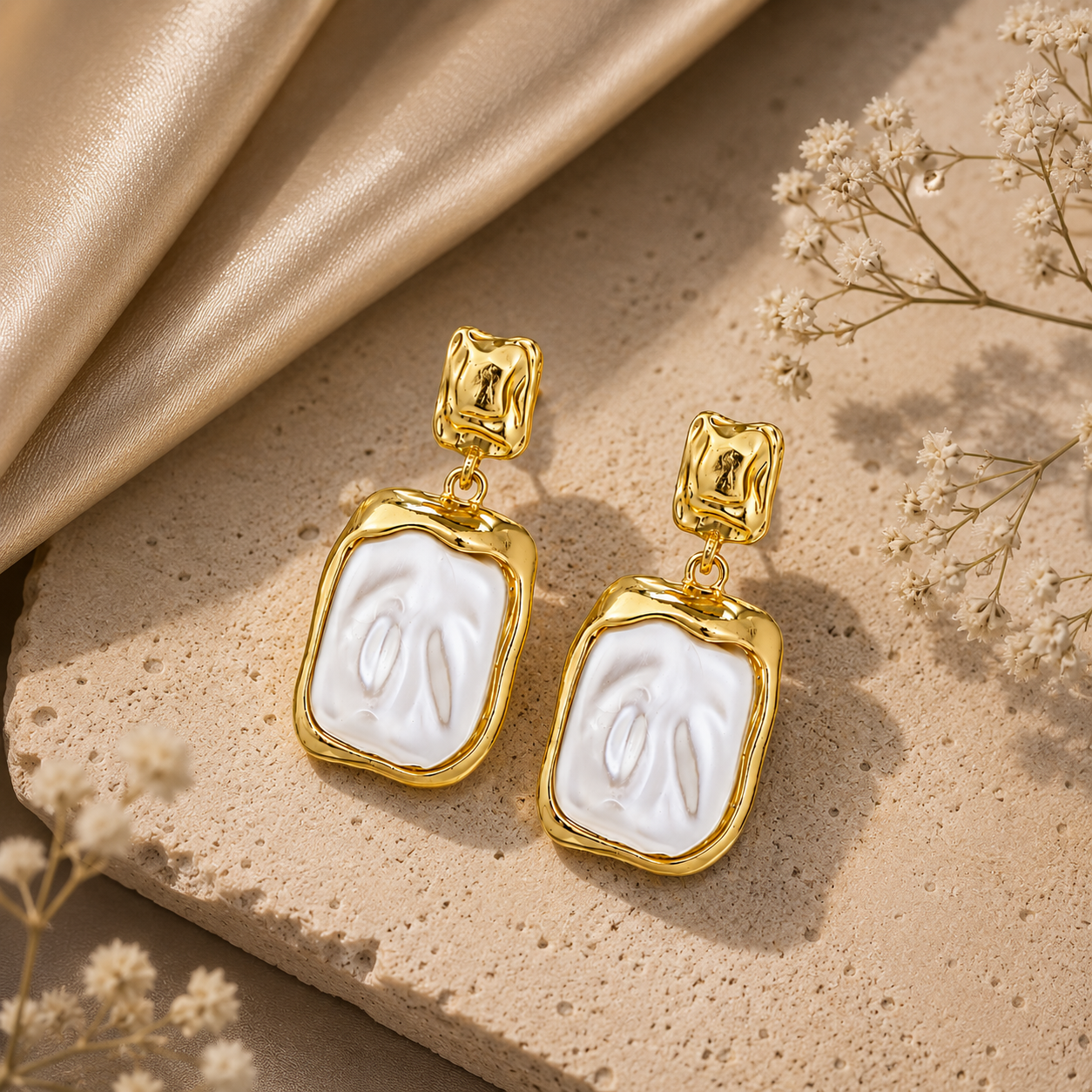 Gold Tone Drop Earrings with Rectangular Design for Women