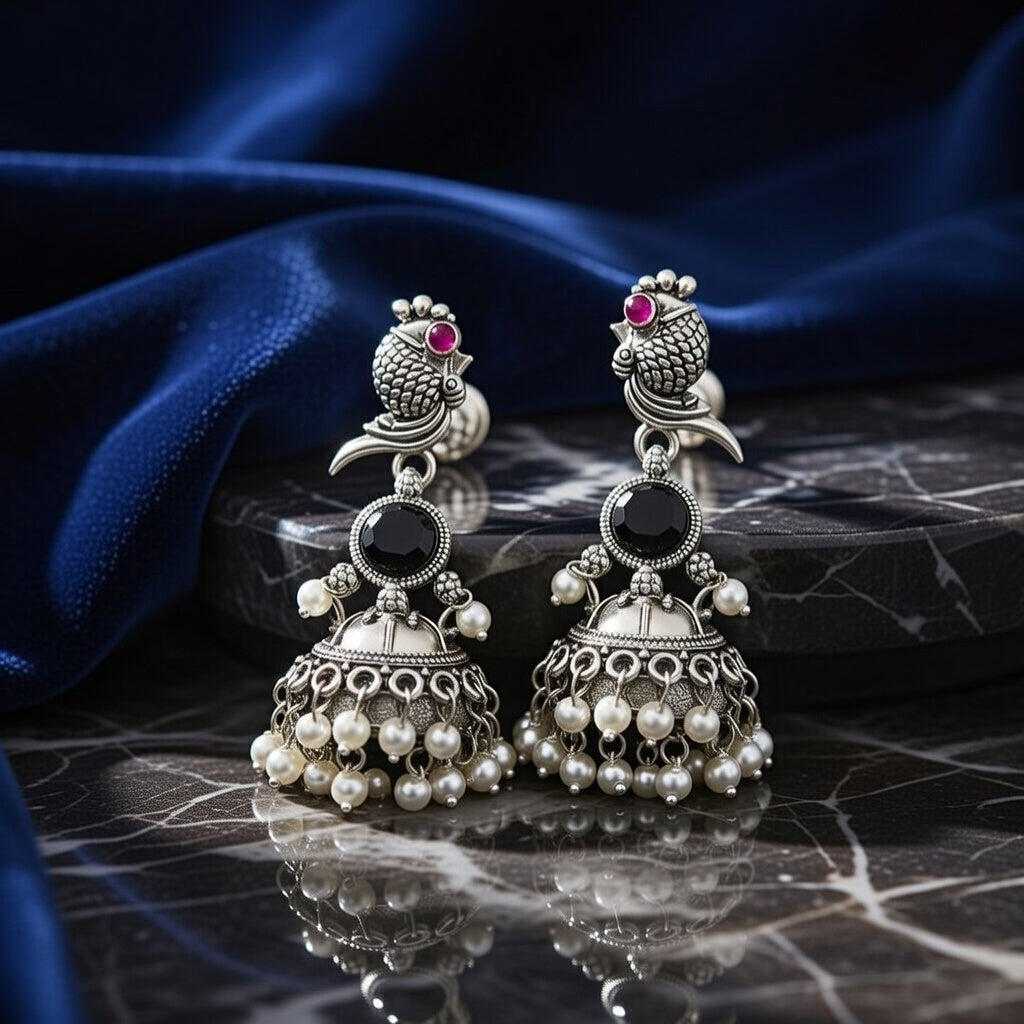 Parrot Design Silver Jhumka Earrings for Women
