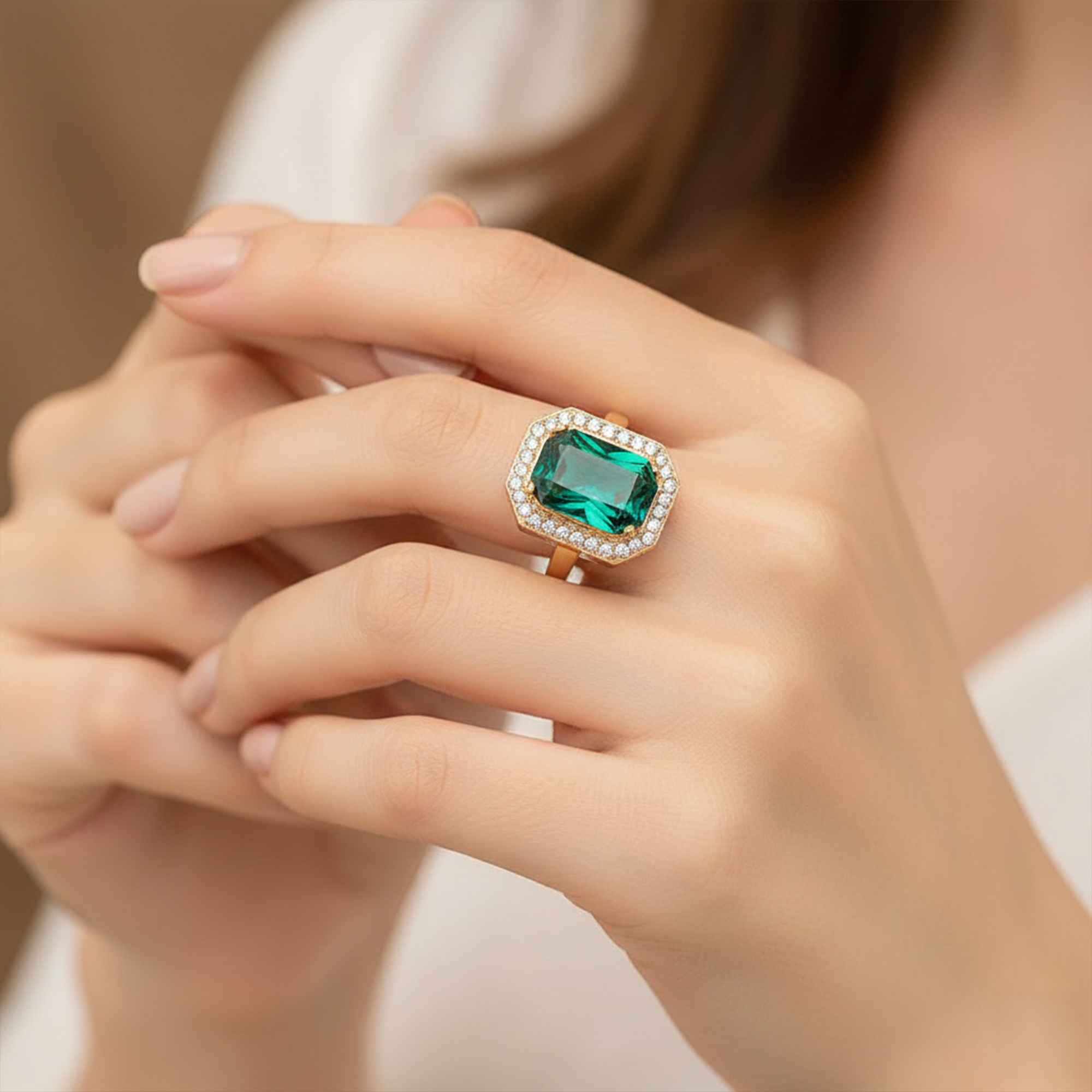 Gold Plated Green Stone Pendant Necklace with Matching Drop Earrings and Adjustable Ring