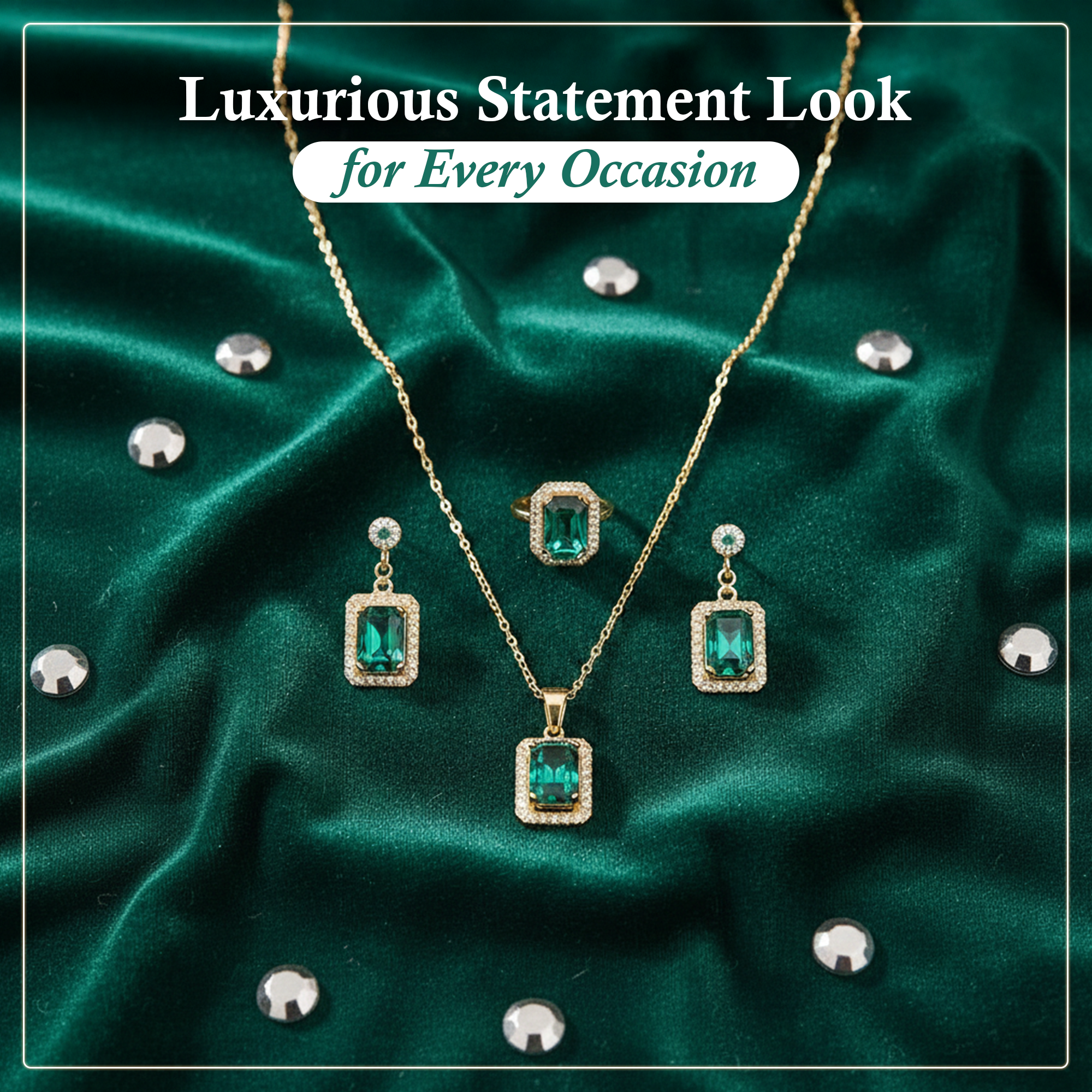 Gold Plated Green Stone Pendant Necklace with Matching Drop Earrings and Adjustable Ring
