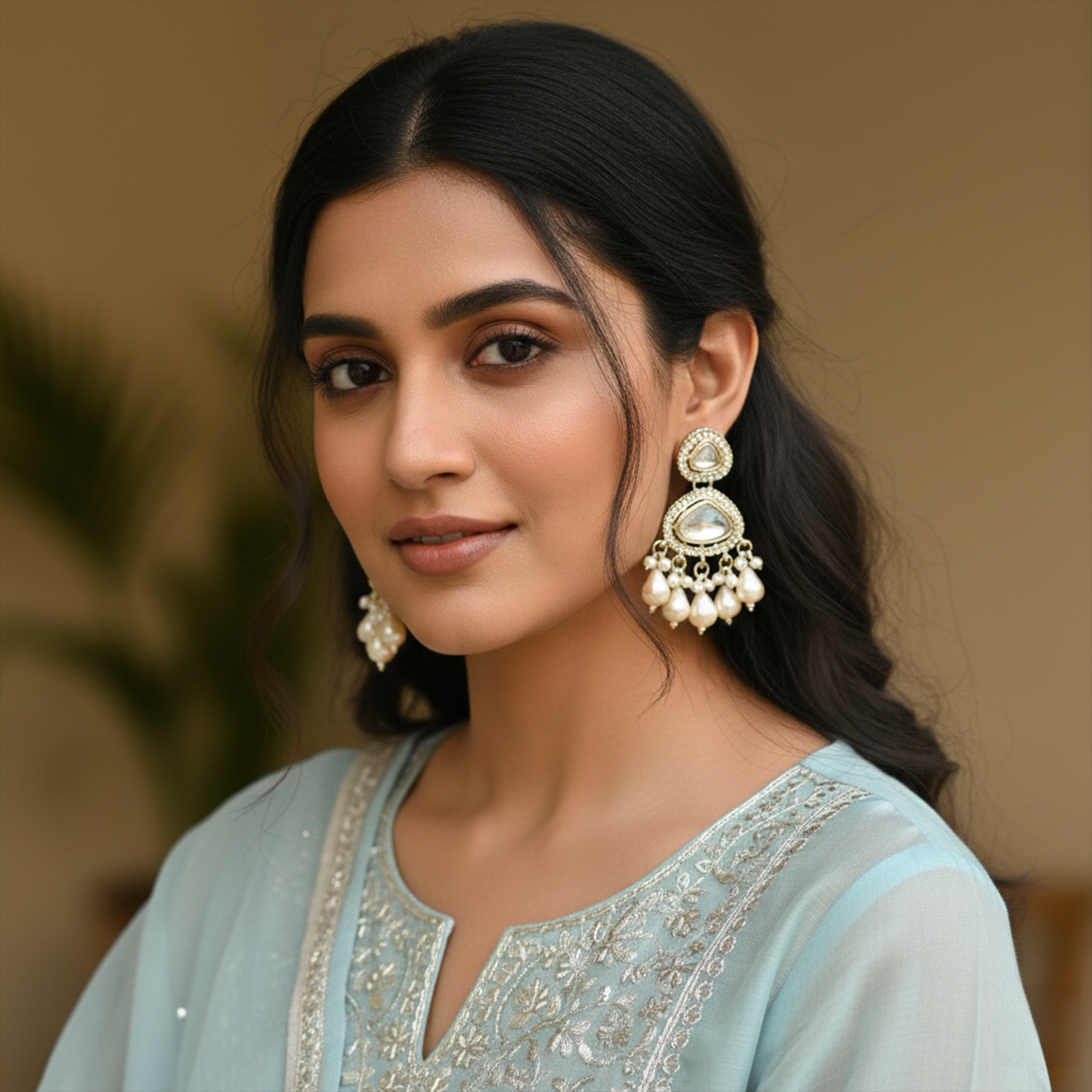 Traditional White Kundan Drop Earrings for Women