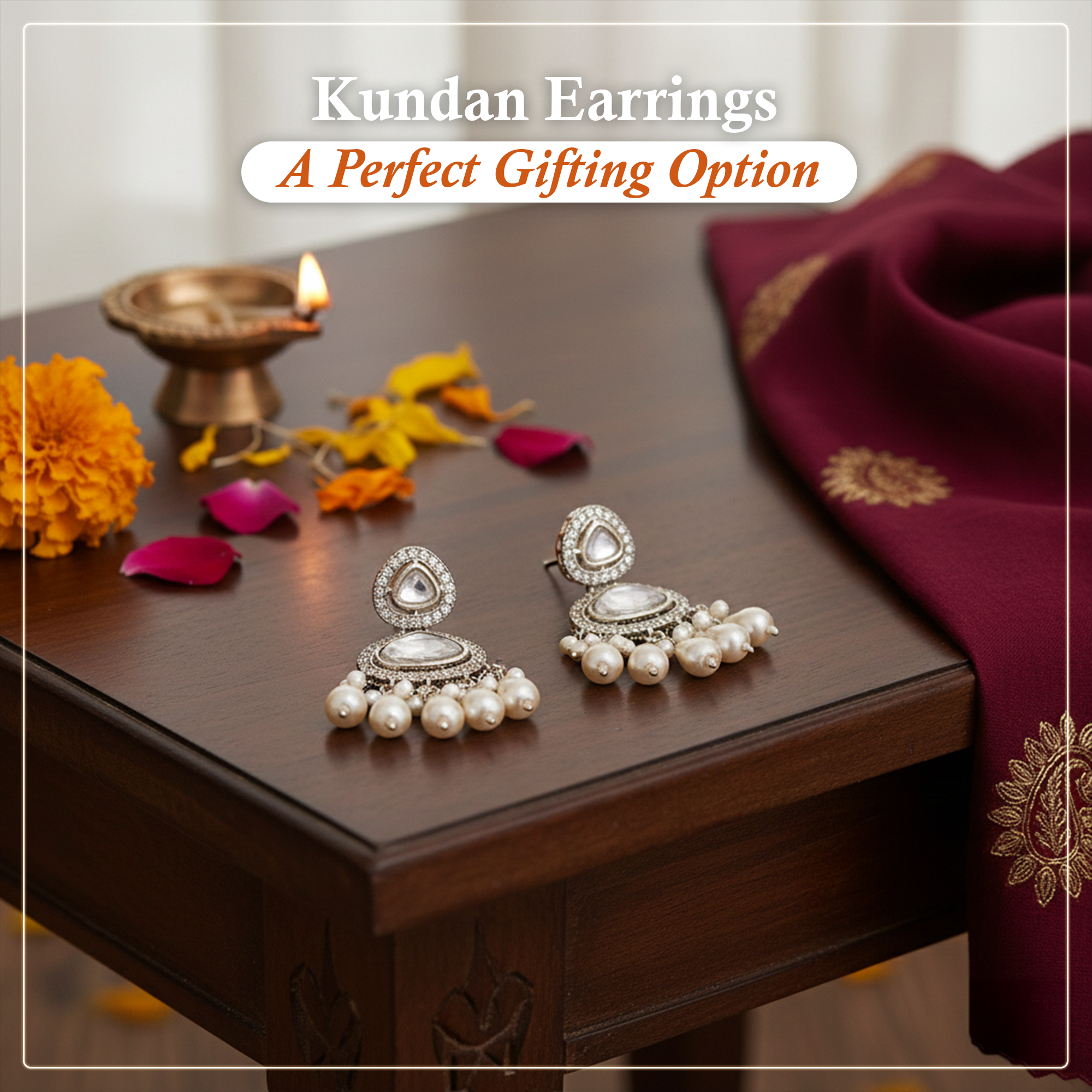 Traditional White Kundan Drop Earrings for Women