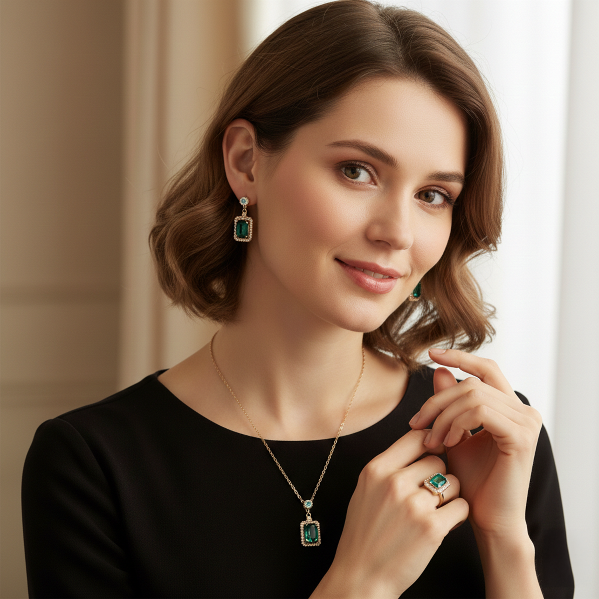 Gold Plated Green Stone Pendant Necklace with Matching Drop Earrings and Adjustable Ring