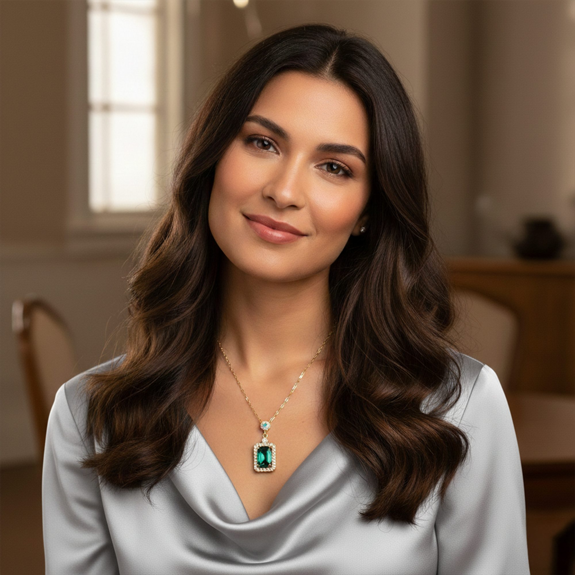 Gold Plated Green Stone Pendant Necklace with Matching Drop Earrings and Adjustable Ring