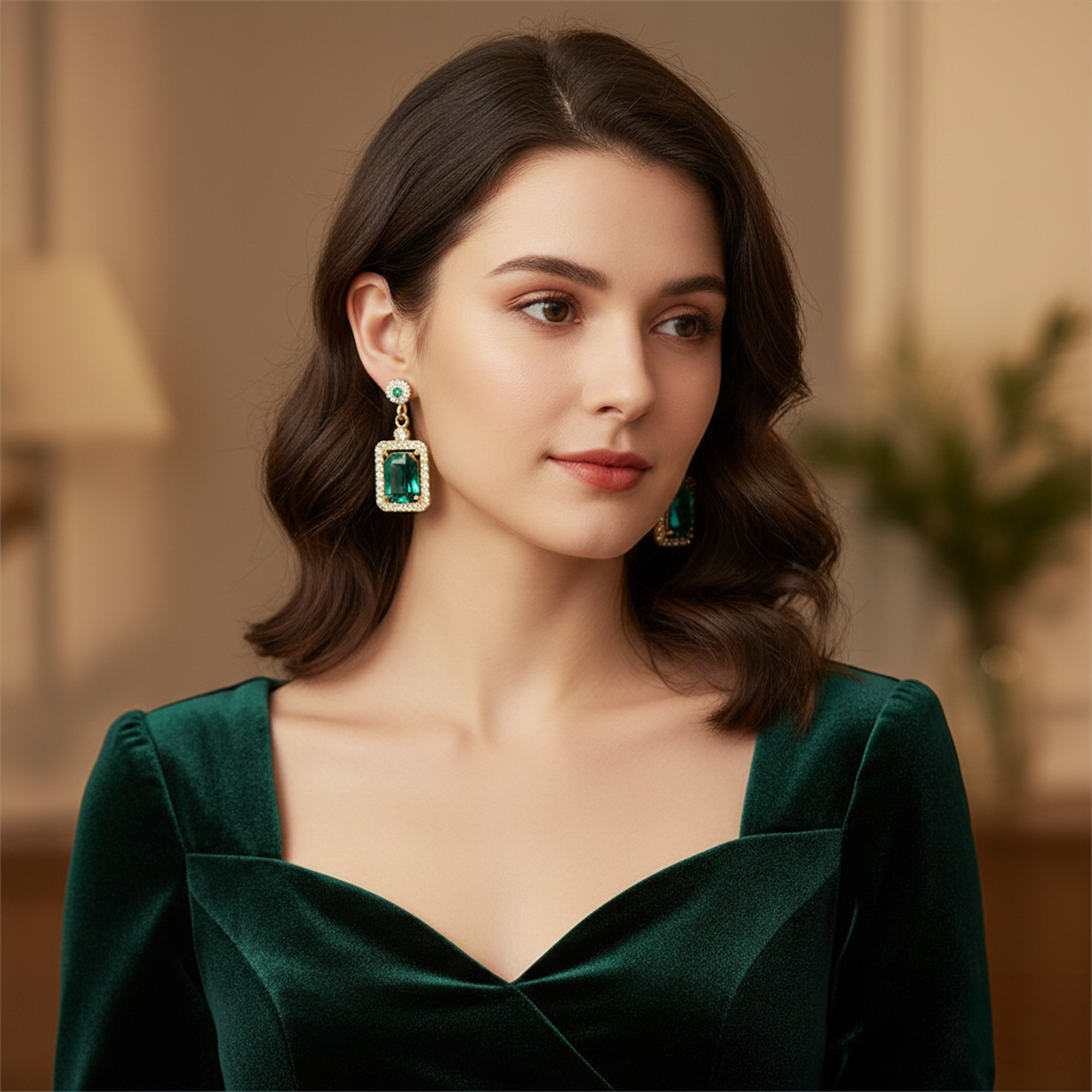 Gold Plated Green Stone Pendant Necklace with Matching Drop Earrings and Adjustable Ring