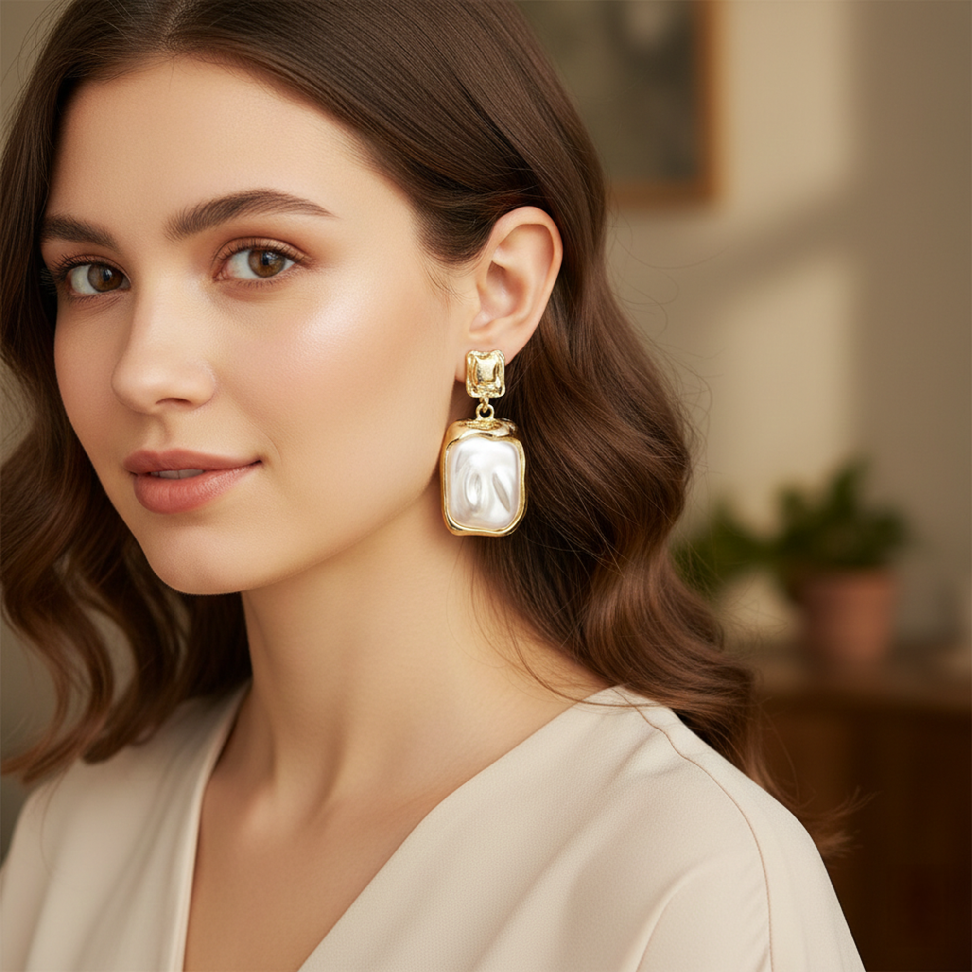 Gold Tone Drop Earrings with Rectangular Design for Women