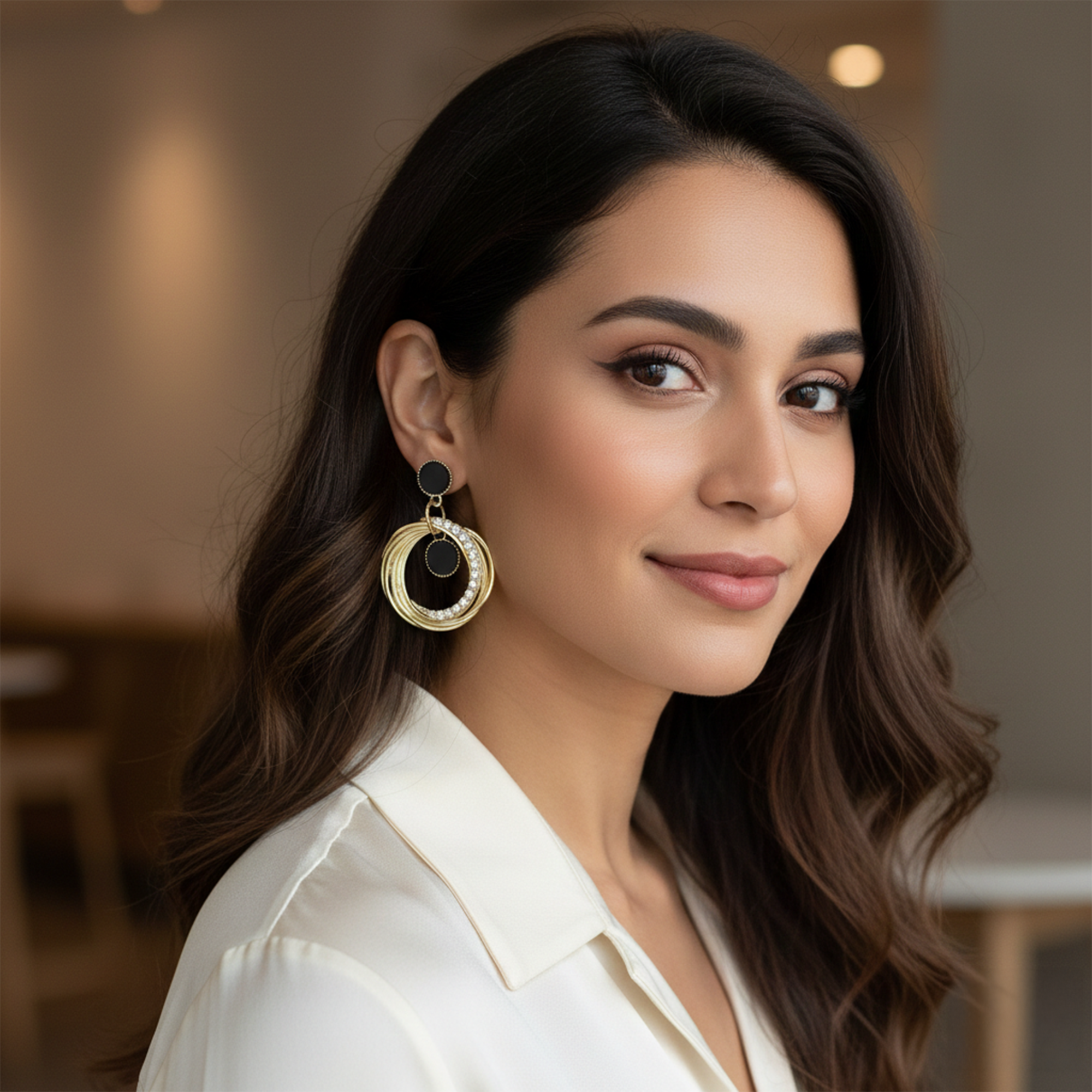 Gold Plated Black Stone Hoop Drop Earrings for Women