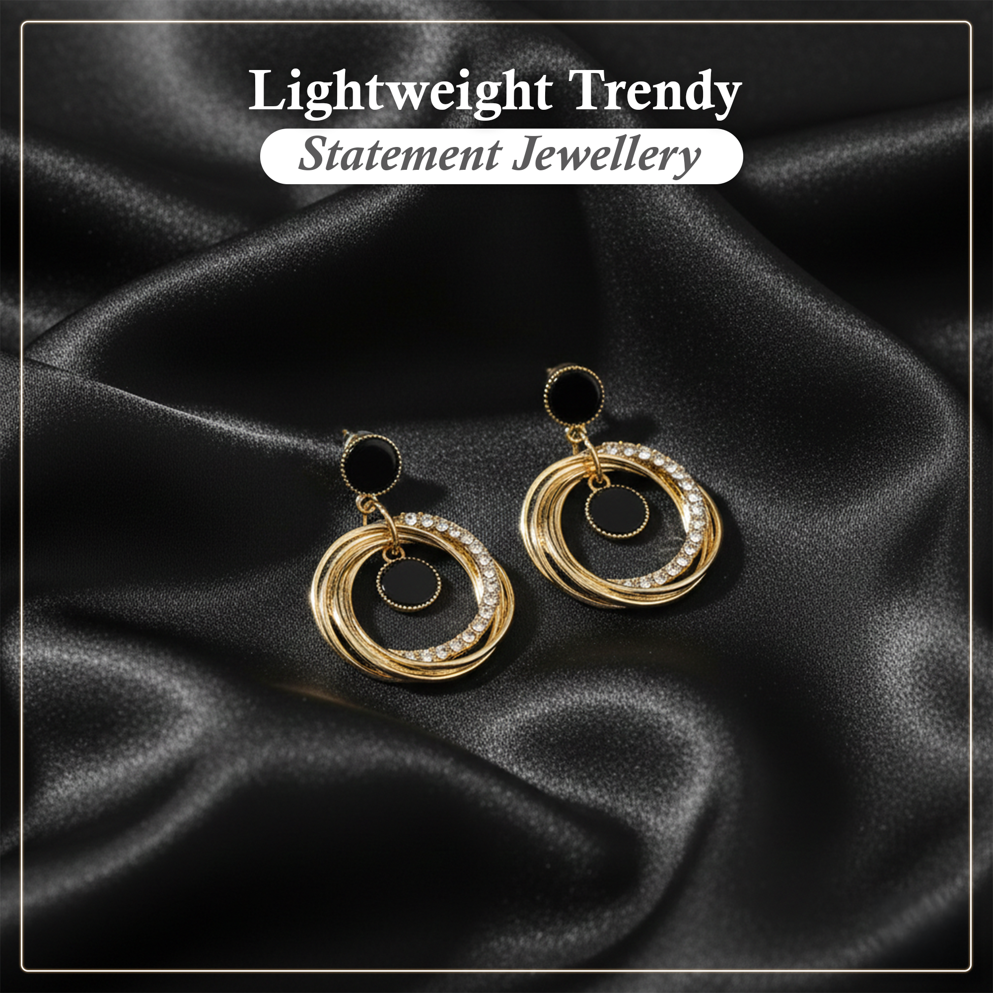 Gold Plated Black Stone Hoop Drop Earrings for Women