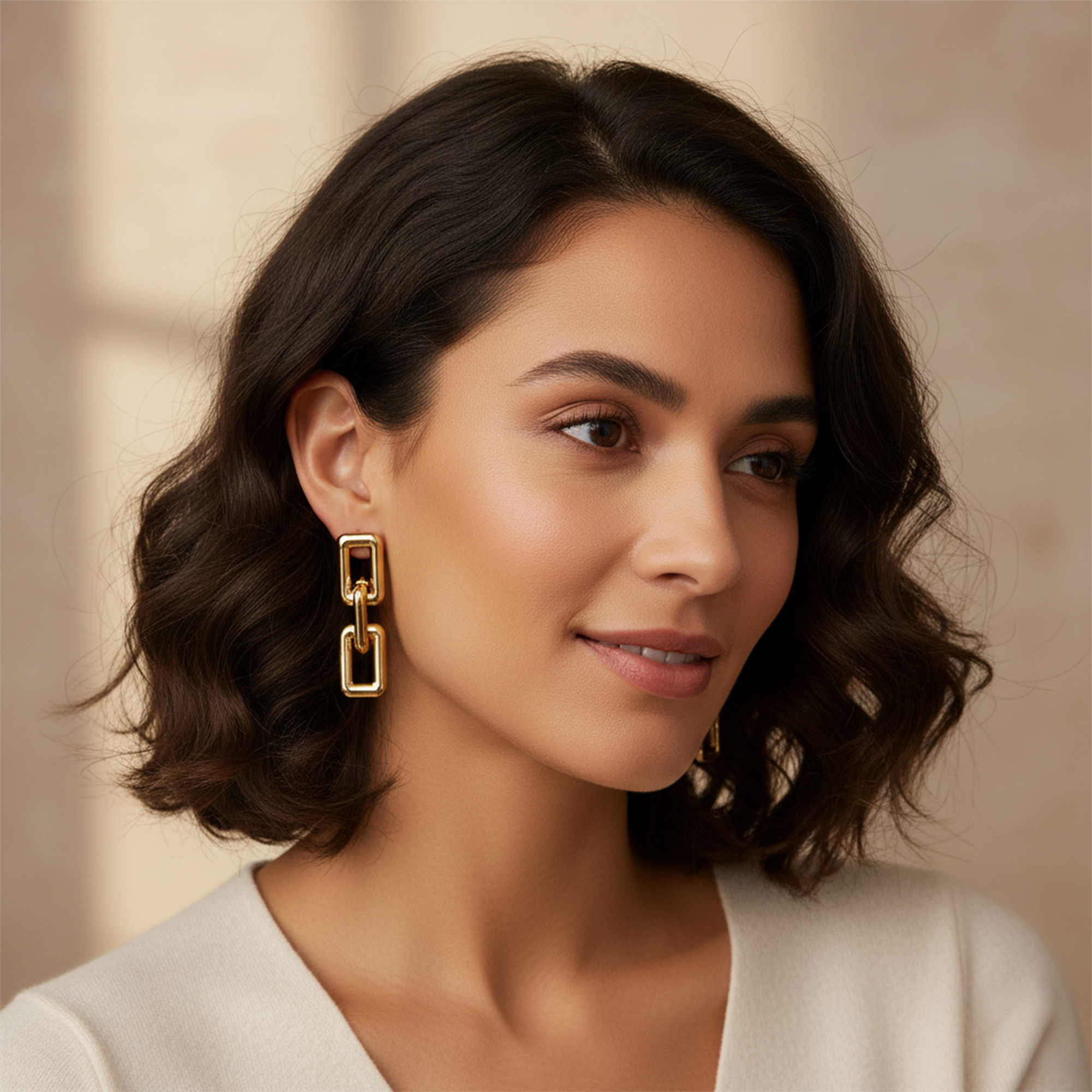 Gold Plated Rectangular Chain Link Drop Earrings for Women
