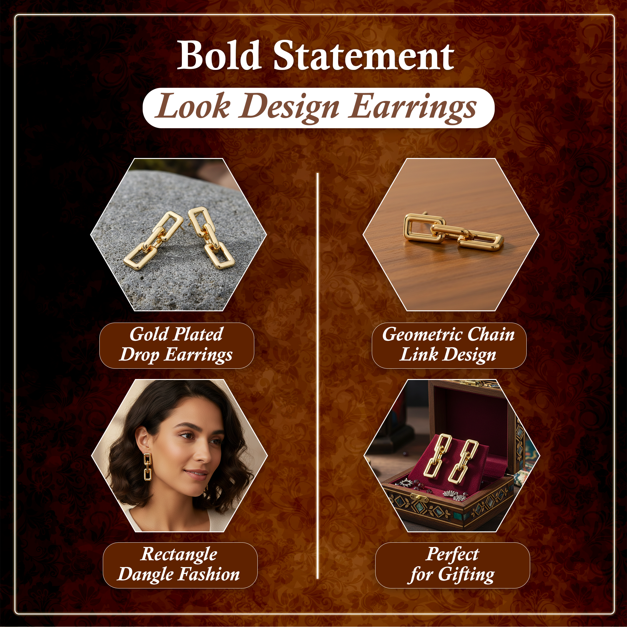 Gold Plated Rectangular Chain Link Drop Earrings for Women
