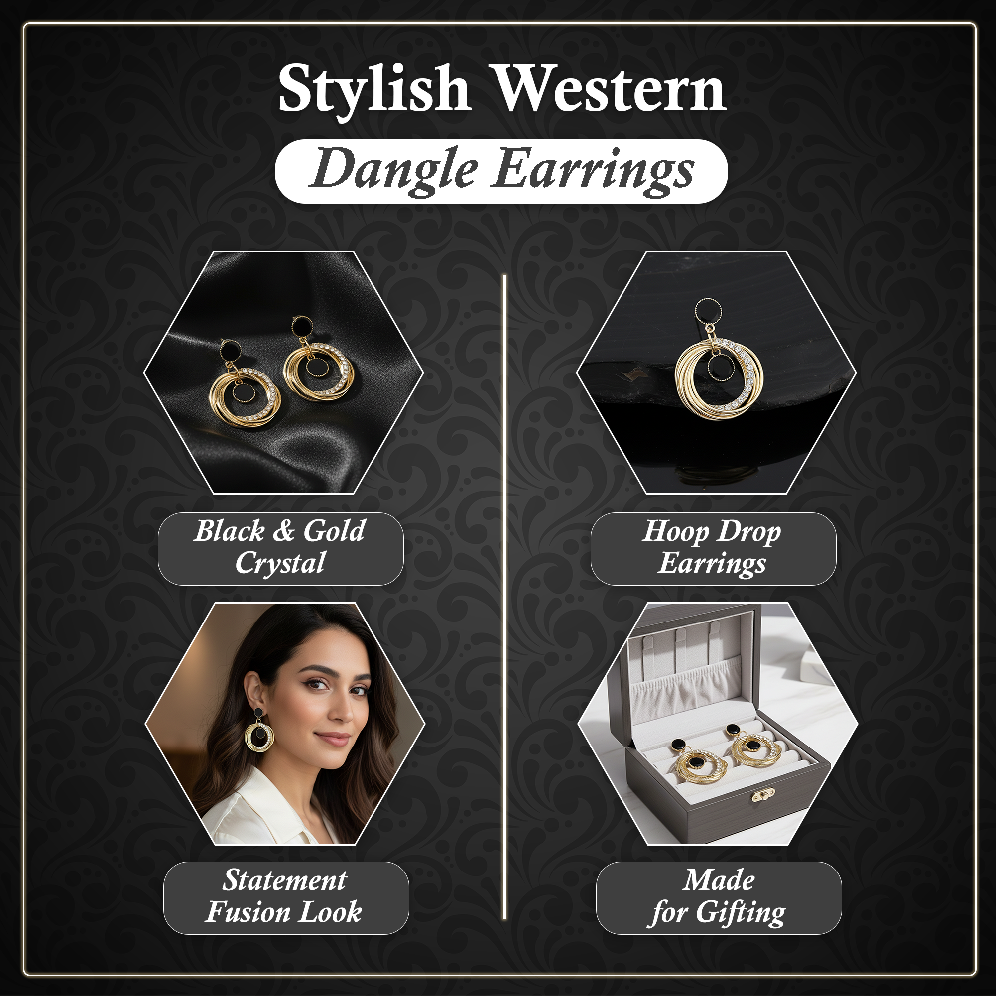 Gold Plated Black Stone Hoop Drop Earrings for Women