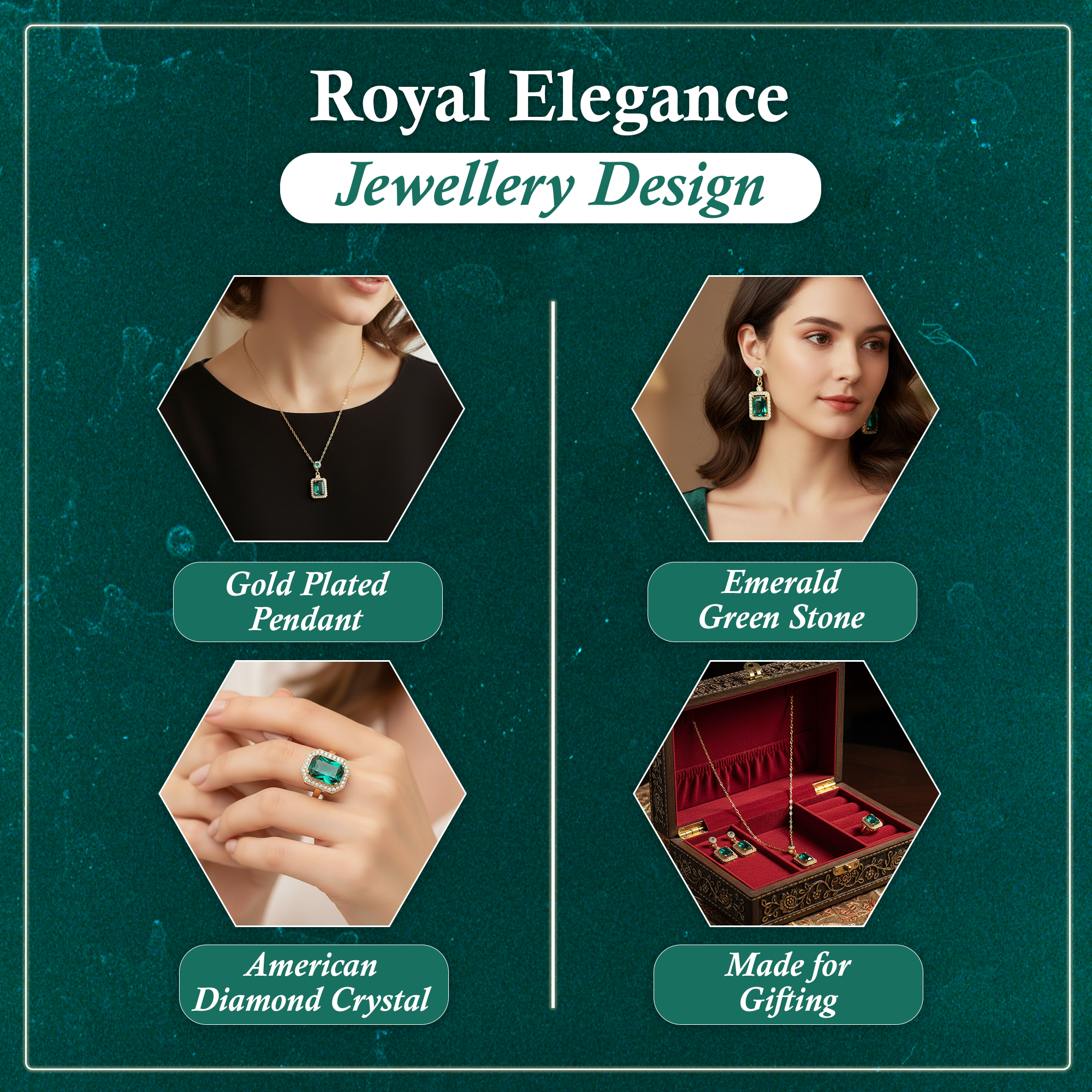 Gold Plated Green Stone Pendant Necklace with Matching Drop Earrings and Adjustable Ring